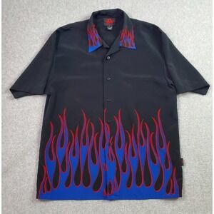D Dragon Clothing Shirt Mens Large Black Blue Flame Bowling Button Up Rockabilly